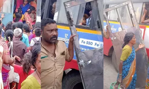 ಬಸ್‌ ಹತ್ತಲು ಮಹಿಳೆಯರ ಪೈಪೋಟಿ; ಕಳಚಿ ಹೋದ ಬಾಗಿಲು!
