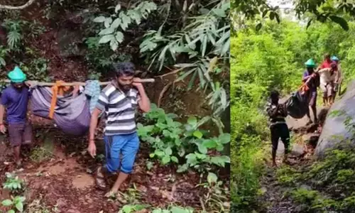 ಕಳಸ: ಅನಾರೋಗ್ಯ ಪೀಡಿತ ವೃದ್ಧೆಯನ್ನು ಜೋಳಿಗೆಯಲ್ಲಿ ಕಟ್ಟಿ ಸಾಗಿಸಿದ ಗ್ರಾಮಸ್ಥರು!