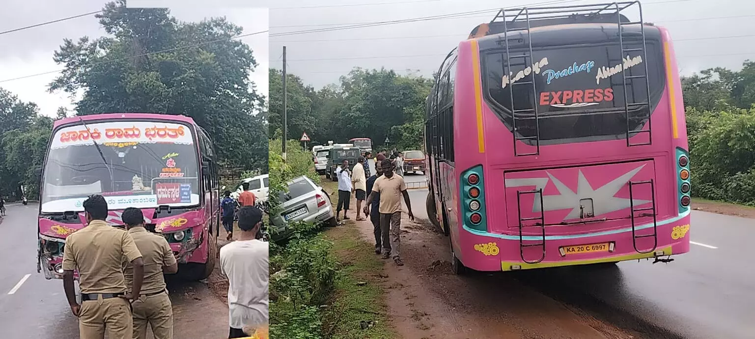 ಸಾಗರ: ಬಸ್ಸು- ಕಾರು ಢಿಕ್ಕಿ; ಪ್ರಾಣಾಪಾಯದಿಂದ ಪಾರಾದ ಪ್ರಯಾಣಿಕರು
