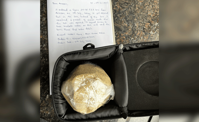 ಅಮೆಝಾನ್ನಲ್ಲಿ 90,000 ರೂ.ಗಳ ಕ್ಯಾಮೆರಾ ಲೆನ್ಸ್ಗೆ ಆರ್ಡರ್ ಮಾಡಿದ್ದ ಗ್ರಾಹಕನಿಗೆ ಬಂತು ನವಣೆ ಅಕ್ಕಿ ಪಾರ್ಸೆಲ್ ! ಅಮೆಝಾನ್ನಲ್ಲಿ 90,000 ರೂ.ಗಳ ಕ್ಯಾಮೆರಾ ಲೆನ್ಸ್ಗೆ ಆರ್ಡರ್ ಮಾಡಿದ್ದ ಗ್ರಾಹಕನಿಗೆ ಬಂತು ನವಣೆ ಅಕ್ಕಿ ಪಾರ್ಸೆಲ್ !