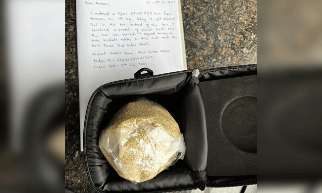 ಅಮೆಝಾನ್‌ನಲ್ಲಿ 90,000 ರೂ.ಗಳ ಕ್ಯಾಮೆರಾ ಲೆನ್ಸ್‌ಗೆ ಆರ್ಡರ್ ಮಾಡಿದ್ದ ಗ್ರಾಹಕನಿಗೆ ಬಂತು ನವಣೆ ಅಕ್ಕಿ ಪಾರ್ಸೆಲ್ !