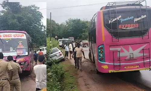 ಸಾಗರ: ಬಸ್ಸು- ಕಾರು ಢಿಕ್ಕಿ; ಪ್ರಾಣಾಪಾಯದಿಂದ ಪಾರಾದ ಪ್ರಯಾಣಿಕರು
