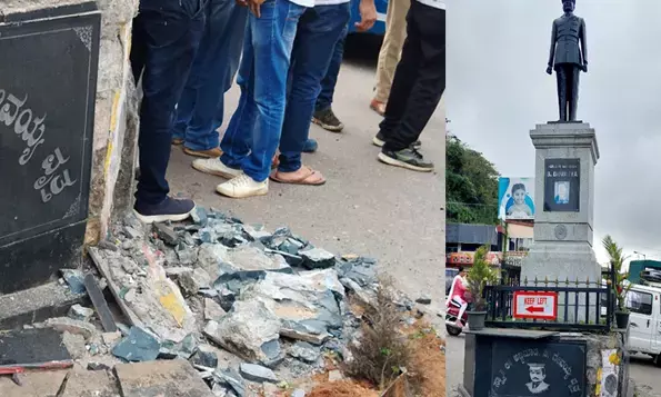 ಮಡಿಕೇರಿ | ಕೆಎಸ್ಸಾರ್ಟಿಸಿ ಬಸ್ ಢಿಕ್ಕಿ; ಸ್ಕ್ವಾಡ್ರನ್ ಲೀಡರ್  ಅಜ್ಜಮಾಡ ದೇವಯ್ಯ ವೃತ್ತಕ್ಕೆ ಹಾನಿ