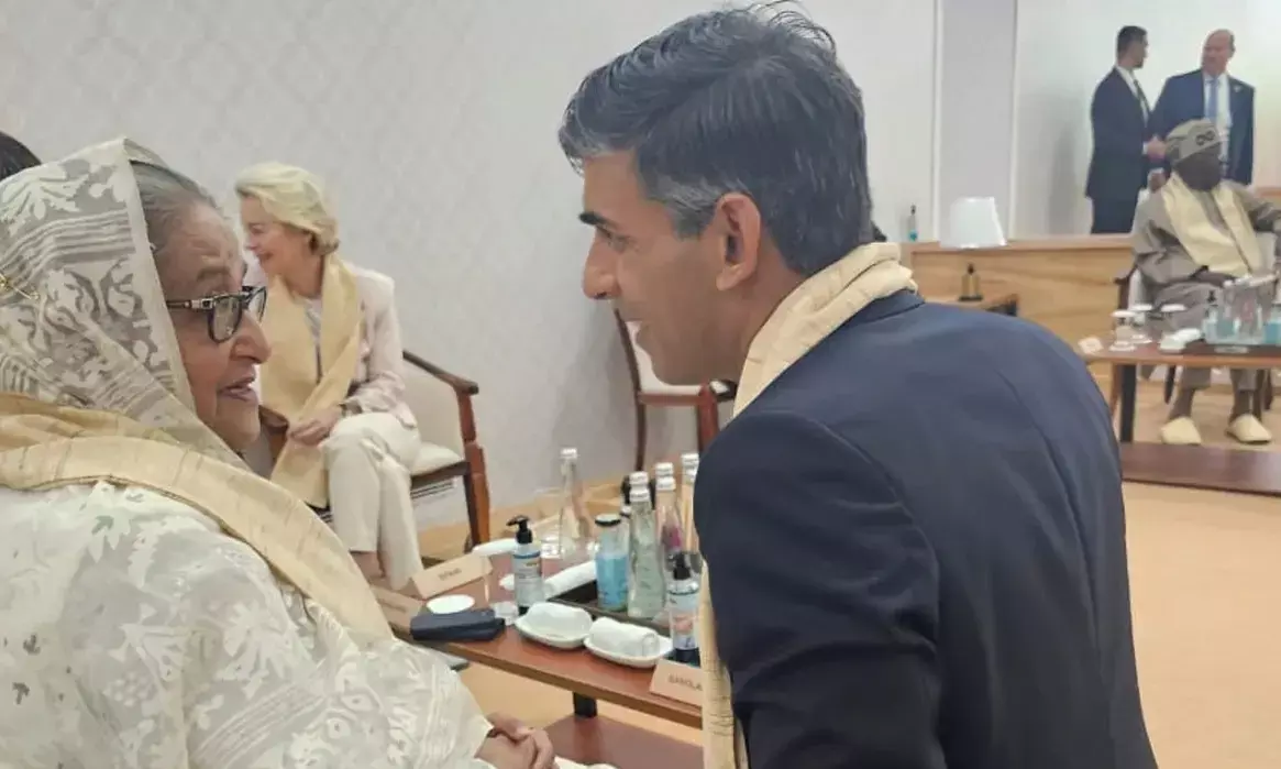 ಜಿ-20 ಶೃಂಗಸಭೆಯಲ್ಲಿ ರಿಷಿ ಸುನಕ್ ಹಾಗೂ ಶೇಖ್ ಹಸೀನಾ ನಡುವೆ ಸುಮಧುರ ಭೇಟಿ