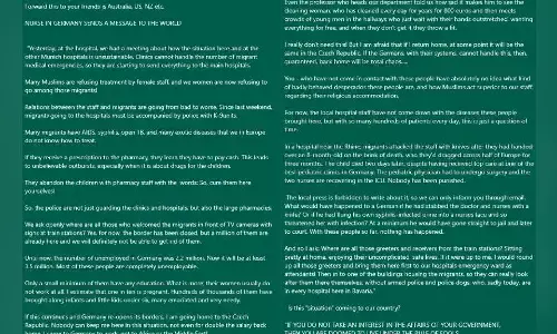 Fact-Check: ಮುಸ್ಲಿಂ ವಲಸಿಗರ ವಿರುದ್ಧ ಜರ್ಮನಿಯ ನರ್ಸ್ ಬರೆದಿದ್ದಾರೆನ್ನಲಾದ ವೈರಲ್ ಸಂದೇಶ ಸುಳ್ಳು