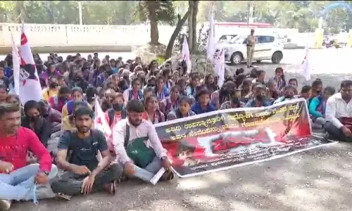 ಹಾಸನ: ಅತಿಥಿ ಉಪನ್ಯಾಸಕರ ಬೇಡಿಕೆ ಈಡೇರಿಕೆಗೆ ಆಗ್ರಹಿಸಿ  ಪ್ರತಿಭಟನೆ