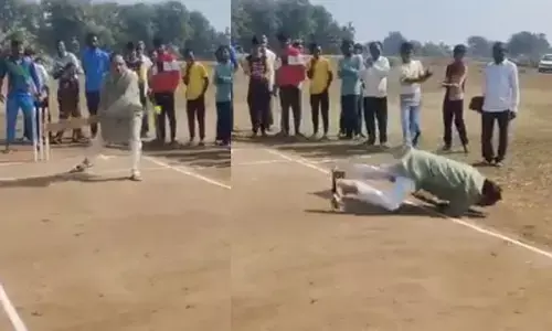 ಕ್ರಿಕೆಟ್ ಬ್ಯಾಟ್ ಬೀಸುವಾಗ ಆಯತಪ್ಪಿ ಬಿದ್ದ ಶಾಸಕ: ತಲೆ, ಮುಖಕ್ಕೆ ಗಾಯ