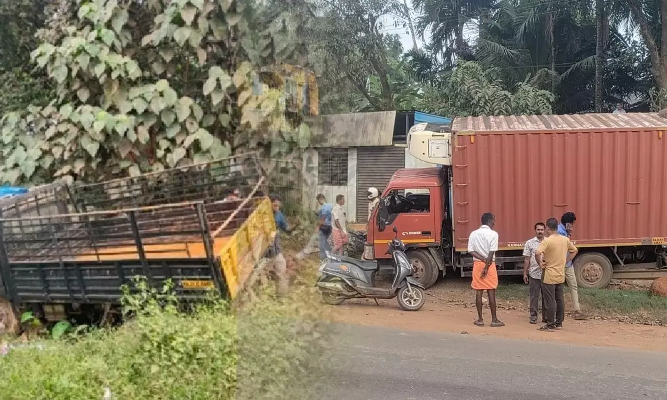 ಪೆರ್ನೆ: ಗ್ಯಾರೇಜ್‍ ಗೆ ನುಗ್ಗಿದ ಲಾರಿ; ಪಲ್ಟಿಯಾದ ಟೆಂಪೋ ರಿಕ್ಷಾ