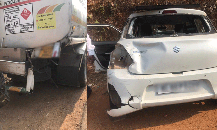 ಸಂಪಾಜೆ: ಕಾರು-ಟ್ಯಾಂಕರ್ ಮಧ್ಯೆ ಭೀಕರ‌ ಅಪಘಾತ; ಪ್ರಯಾಣಿಕರು ಪಾರು