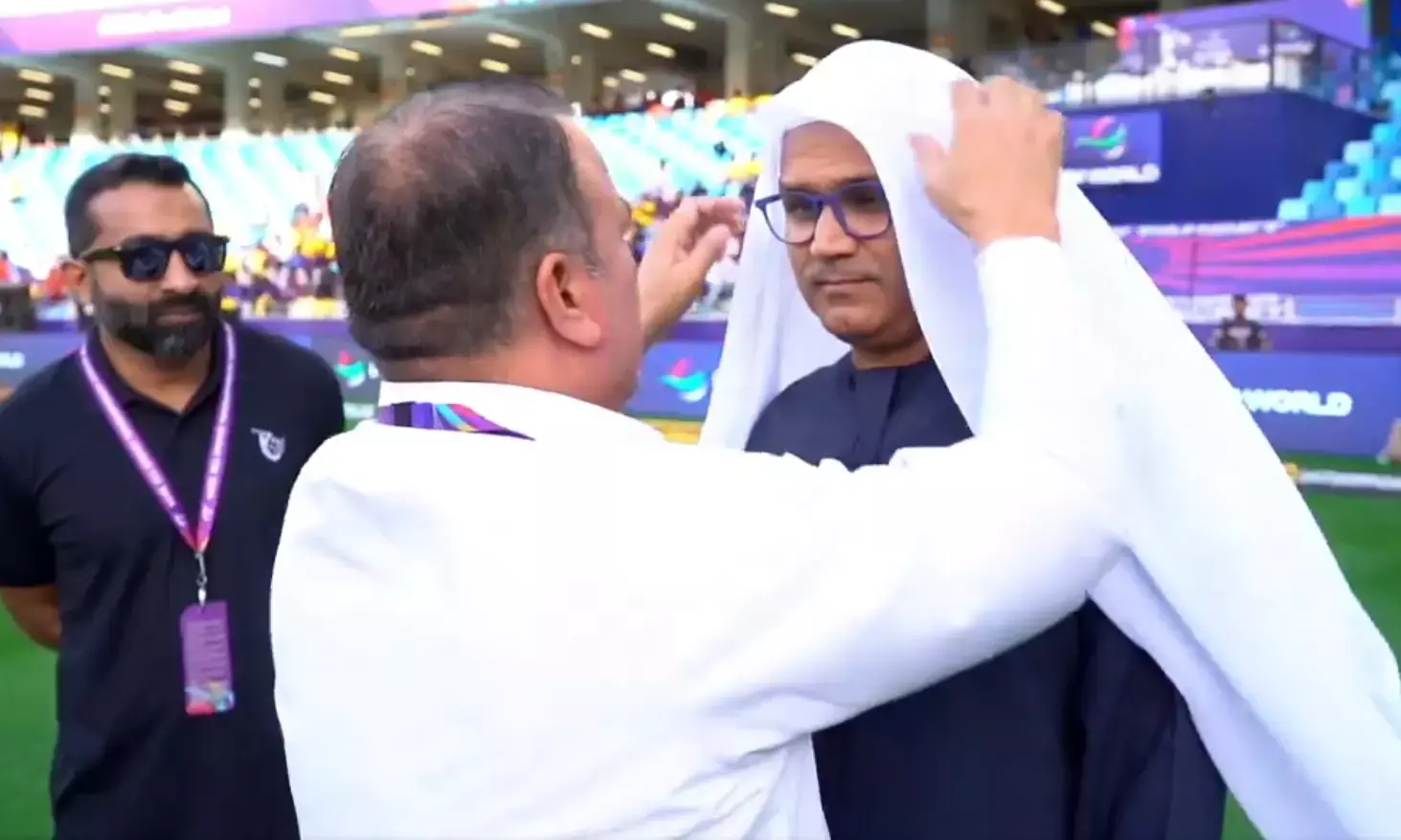 ಇಂಟರ್ ನ್ಯಾಷನಲ್ ಲೀಗ್ ಟಿ20ಯಲ್ಲಿ ಅರೇಬಿಕ್‌ ಉಡುಪಿನಲ್ಲಿ ಕಂಡ ವೀರೇಂದ್ರ ಸೆಹ್ವಾಗ್