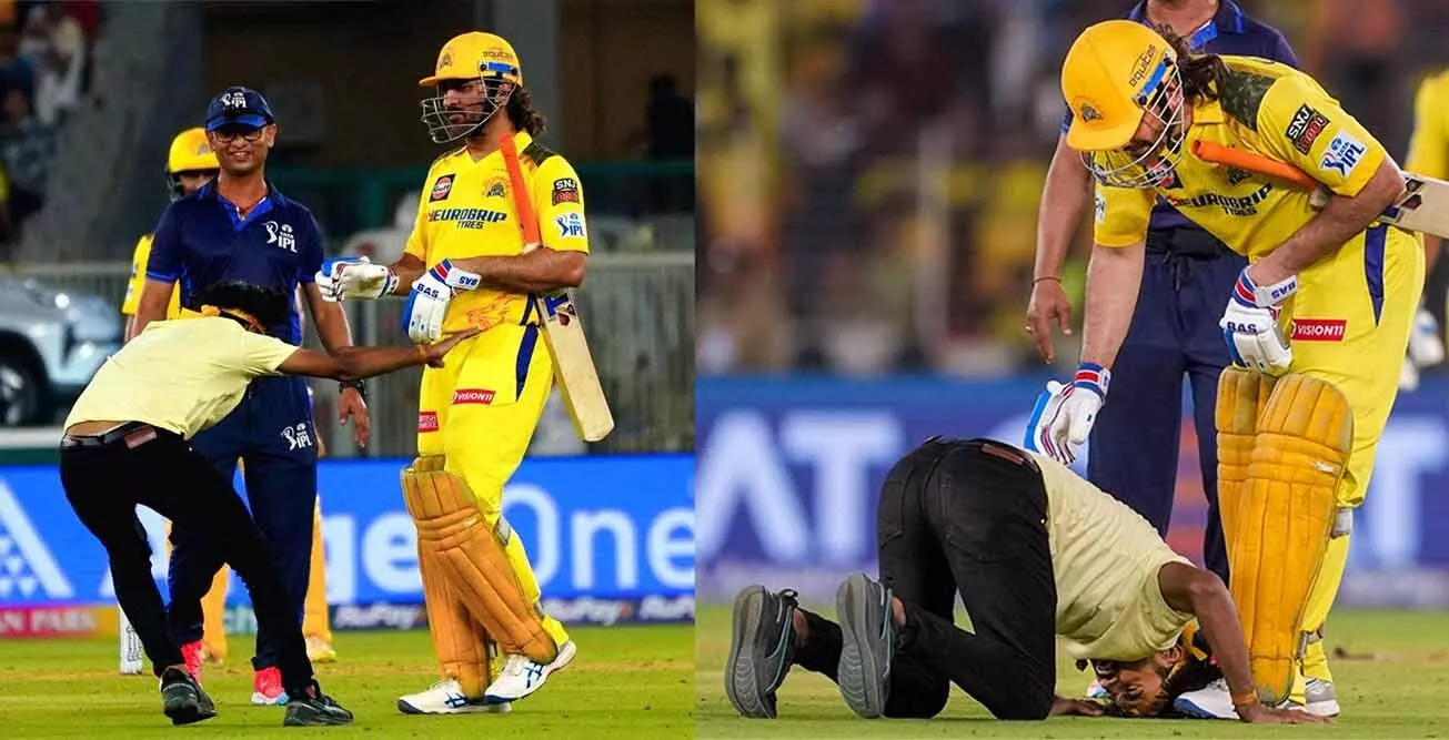 ಮೈದಾನಕ್ಕೆ ನುಗ್ಗಿ ಧೋನಿ ಕಾಲಿಗೆ ಬಿದ್ದ ಅಭಿಮಾನಿ