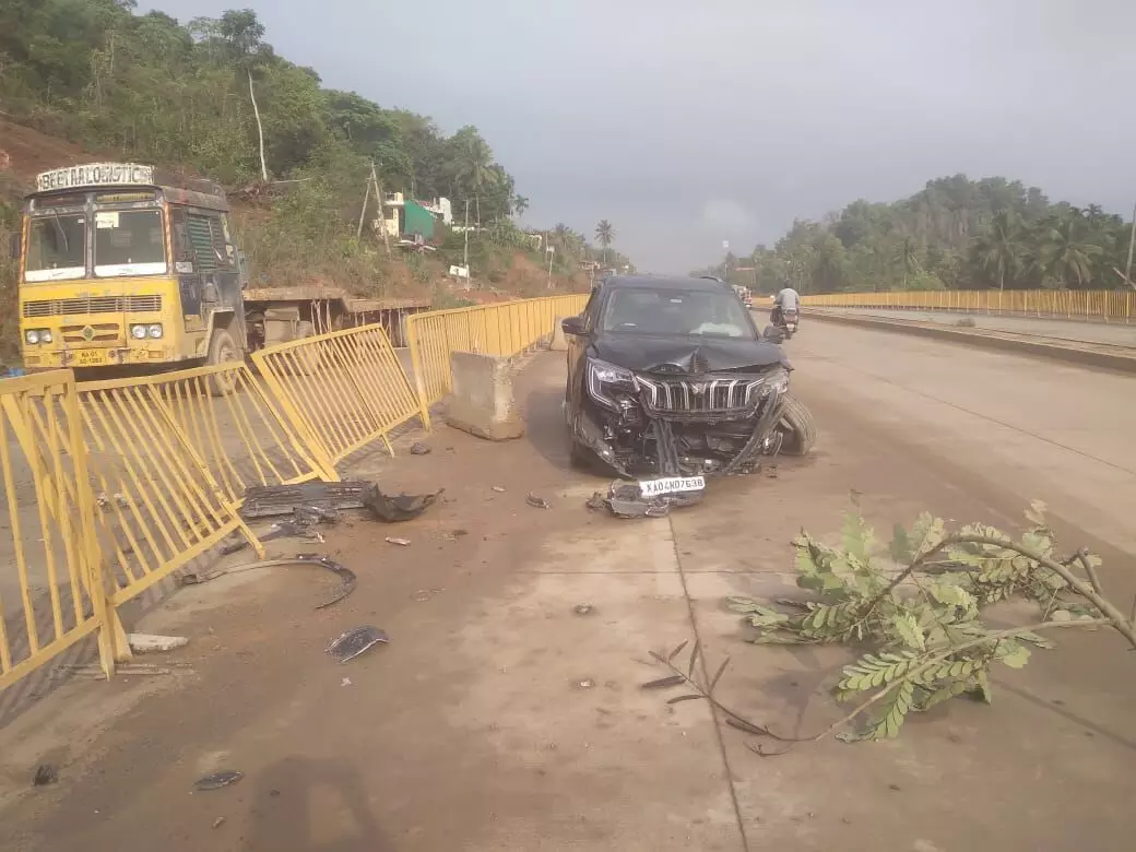 ಮಾಣಿ: ರಾಷ್ಟ್ರೀಯ ಹೆದ್ದಾರಿಯ ತಡೆಬೇಲಿಗೆ ಕಾರು ಢಿಕ್ಕಿ