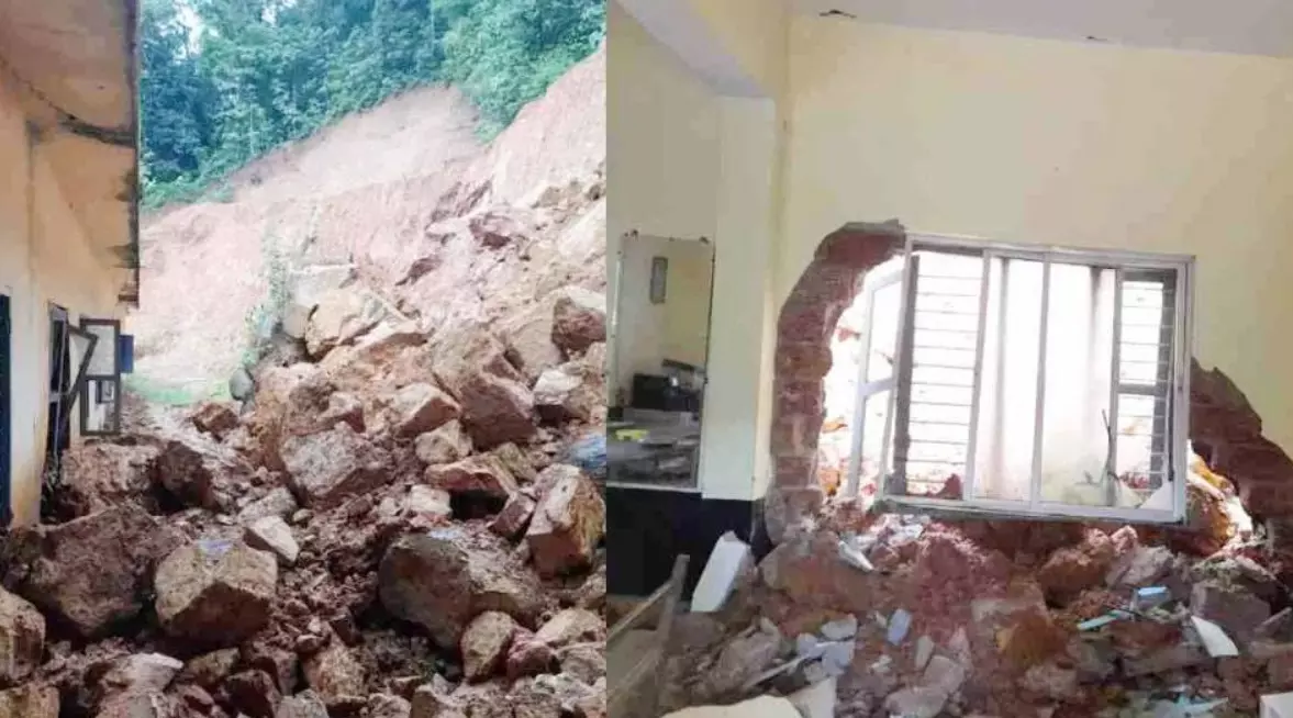 ಕೊಡಗು | ನಿರಂತರ ಮಳೆಗೆ ಶಾಲೆ ಹಿಂಬದಿಯ ಗುಡ್ಡ ಕುಸಿತ : ರಜೆಯಿಂದಾಗಿ ತಪ್ಪಿದ ಭಾರೀ ಅನಾಹುತ