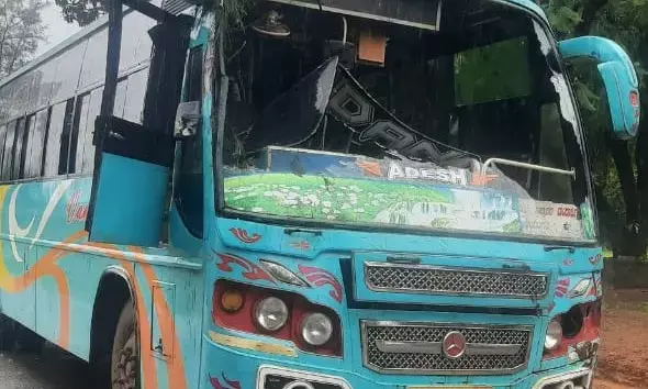 ಚಲಿಸುತ್ತಿದ್ದ ಬಸ್ ಮೇಲೆ ಬಿದ್ದ ಮರ: ತಪ್ಪಿದ ಭಾರೀ ಅನಾಹುತ