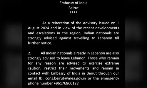 ಲೆಬನಾನ್ ತೊರೆಯಲು ಭಾರತೀಯರಿಗೆ ಸೂಚನೆ