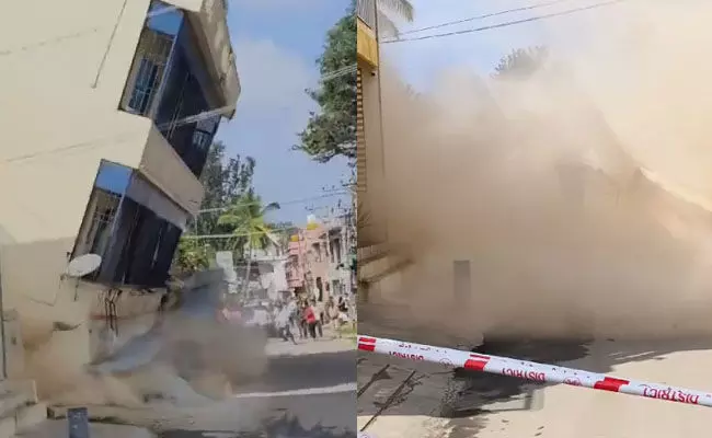 ಕೋಲಾರ | ಮೂರು ಅಂತಸ್ತಿನ ಕಟ್ಟಡ  ಕುಸಿತ : ಶಾಲೆಯ ಕಾಂಪೌಂಡ್‌ಗೆ ಹಾನಿ