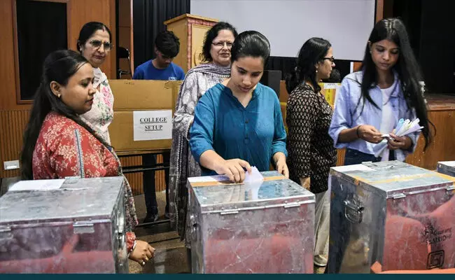 Photo of ABVP’s Rishabh Chaudhary, NSUI’s Rounak Khatri, and AISA’s Saavy Gupta
