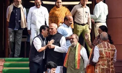 Photo of  Congress MP Hibi Eden with Bharatiya Janata Party (BJP) MP and Waqf Amendment Bill JPC Chairman Jagdambika Pal at Parliament House during the Winter Session