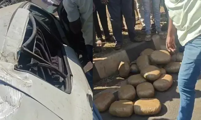 ಬೀದರ್ | ರಸ್ತೆ ದಾಟುತ್ತಿದ್ದ ಮಹಿಳೆಯ ಜೀವ ಉಳಿಸಲು ಹೋಗಿ ಕಾರು ಪಲ್ಟಿ;  ಕಾರಿನಲ್ಲಿದ್ದ ಲಕ್ಷಾಂತರ ರೂ. ಮೌಲ್ಯದ ಗಾಂಜಾ ಚೆಲ್ಲಾಪಿಲ್ಲಿ