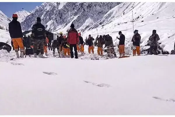 Rescue operation underway after an avalanche hit the Border Roads Organisation (BRO) camp between Mana and Badrinath on Friday, in Chamoli district, Uttarakhand