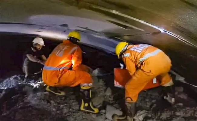 Rescue operation underway to trace workers trapped inside the partially collapsed Telanganas Srisailam Left Bank Canal tunnel, in Nagarkurnool, Telangana.