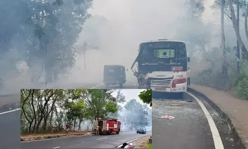 ಕೊಣಾಜೆ | ಗುಡ್ಡದಲ್ಲಿ ಕಾಣಿಸಿಕೊಂಡ ಬೆಂಕಿಯಿಂದ ಆವರಿಸಿದ ದಟ್ಟ ಹೊಗೆ; ರಸ್ತೆ ಕಾಣದೆ ಬಸ್‌ಗಳ ಮುಖಾಮುಖಿ ಢಿಕ್ಕಿ