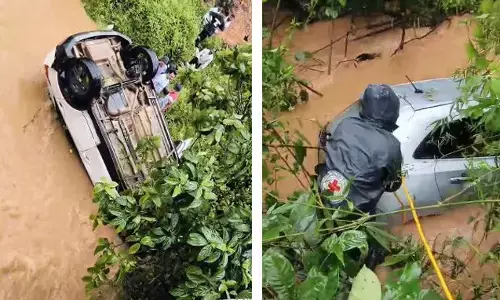 ಮೂಡಿಗೆರೆ | ಧಾರಾಕಾರ ಮಳೆ: ಒಂದು ಗಂಟೆ ಅಂತರದಲ್ಲಿ ನದಿಗೆ ಬಿದ್ದ ಎರಡು ಕಾರುಗಳು
