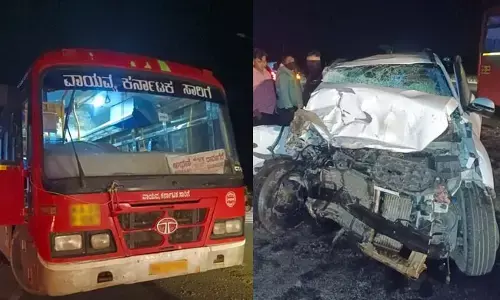 ಹಾವೇರಿ  | ಸಾರಿಗೆ ಬಸ್-ಕಾರು ನಡುವೆ ಅಪಘಾತ: ಇಬ್ಬರು ಮೃತ್ಯು, ಓರ್ವ ಗಂಭೀರ