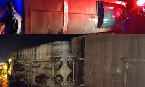 ಹಾವೇರಿ: ಹೆದ್ದಾರಿಯಲ್ಲಿ  ಬಸ್ ಪಲ್ಟಿ; ಇಬ್ಬರು ಮೃತ್ಯು, ಹಲವರಿಗೆ ಗಂಭೀರ ಗಾಯ