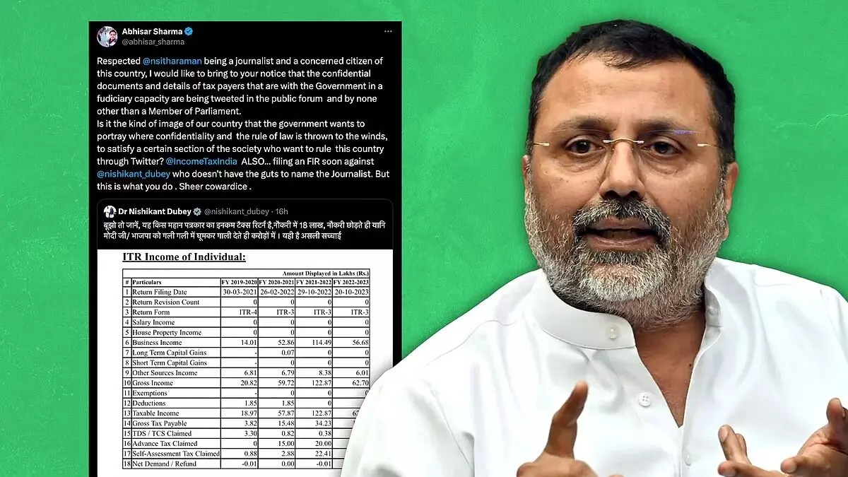 ಪತ್ರಕರ್ತ ಅಭಿಸಾರ್ ಶರ್ಮಾ ಅವರ ತೆರಿಗೆ ಪಾವತಿ ವಿವರ ಟ್ವೀಟ್ ಮಾಡಿದ ಬಿಜೆಪಿ ಸಂಸದ ನಿಶಿಕಾಂತ್ ದುಬೆ