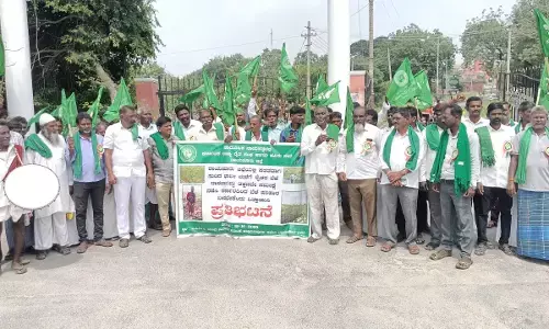 ರಾಯಚೂರು: ಬೆಳೆ ಹಾನಿ ಪರಿಹಾರ ನೀಡಲು ಒತ್ತಾಯಿಸಿ ರೈತರ ಧರಣಿ