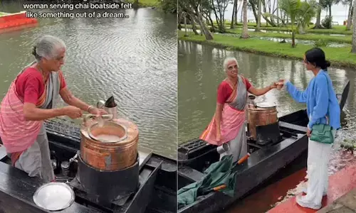 ಕೇರಳ | ಹಿನ್ನೀರಿನಲ್ಲಿ ತೇಲುವ ಟೀ ಅಂಗಡಿಯಲ್ಲಿ ಮಸಾಲಾ ಚಹಾ ಮಾರುವ ‘ಚಾಯಾ ಚೇಚಿ’