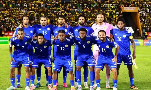 Curacao players pose for a team group photo before the 2026 FIFA World Cup qualifier against Jamaica on November 18, 2025
