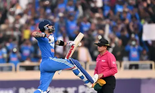 Virat Kohli celebrates his century during the first ODI against South Africa in Ranchi on November 30, 2025