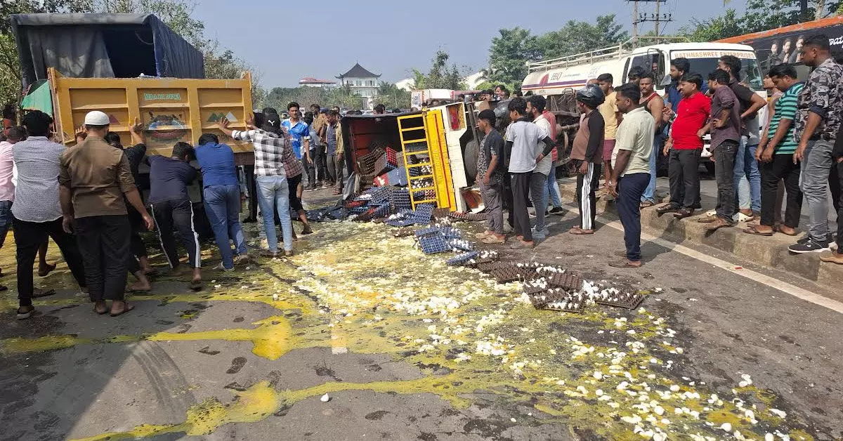 ಅಡ್ಯಾರ್: ಮೊಟ್ಟೆ ಸಾಗಾಟದ ವಾಹನಕ್ಕೆ ಲಾರಿ ಢಿಕ್ಕಿ