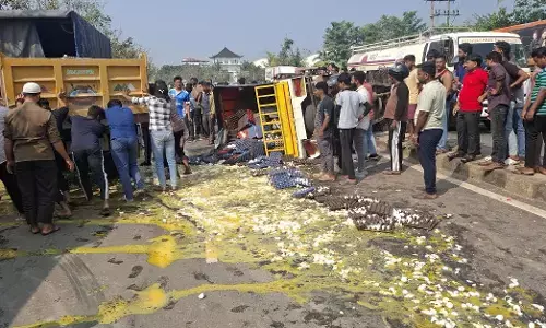 ಅಡ್ಯಾರ್: ಮೊಟ್ಟೆ ಸಾಗಾಟದ ವಾಹನಕ್ಕೆ ಲಾರಿ ಢಿಕ್ಕಿ