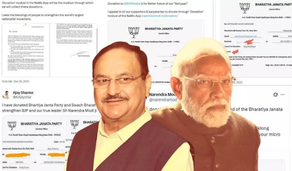 ಸರಕಾರಿ ಯೋಜನೆಗಳ ಹೆಸರಿನಲ್ಲಿ ದೇಣಿಗೆ ಸಂಗ್ರಹಿಸಿದ ಬಿಜೆಪಿ; ಆರ್ಟಿಐ ಮಾಹಿತಿಯಿಂದ ಬಹಿರಂಗ ಸರಕಾರಿ ಯೋಜನೆಗಳ ಹೆಸರಿನಲ್ಲಿ ದೇಣಿಗೆ ಸಂಗ್ರಹಿಸಿದ ಬಿಜೆಪಿ; ಆರ್ಟಿಐ ಮಾಹಿತಿಯಿಂದ ಬಹಿರಂಗ