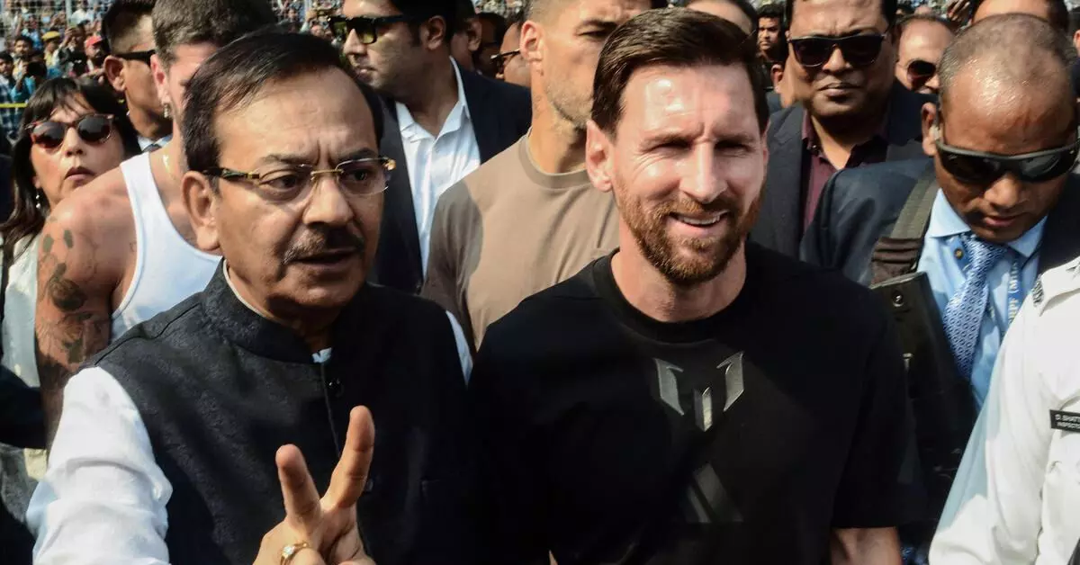 Argentine footballer Lionel Messi with West Bengal Minister for Sports and Youth Affairs Aroop Biswas at Salt Lake Stadium during his G.O.A.T India Tour 2025, in Kolkata on December 13, 2025. Argentine footballer Lionel Messi with West Bengal Minister for Sports and Youth Affairs Aroop Biswas at Salt Lake Stadium during his G.O.A.T India Tour 2025, in Kolkata on December 13, 2025.