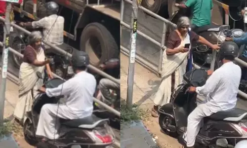 Kerala | ಟ್ರಾಫಿಕ್ ಸಿಗ್ನಲ್ ಜಂಪ್ ಮಾಡಲು ಫುಟ್ಪಾತ್ ಮೇಲೇರಿದ ಸವಾರನನ್ನು ತಡೆದ ವೃದ್ಧೆ