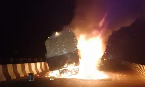 ಬೈಂದೂರು | ಉಪ್ಪುಂದ-ಬಿಜೂರು ರಾ.ಹೆದ್ದಾರಿಯ ಸೇತುವೆ ಮೇಲೆ ಹೊತ್ತಿ ಉರಿದ ಲಾರಿ!