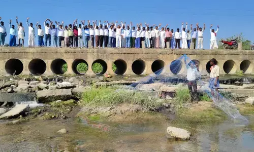 ಯಾದಗಿರಿ | ನಾಯ್ಕಲ್-ನಾಲ್ವಡಗಿ ಸೇತುವೆಗಳ ಮೇಲ್ದರ್ಜೆಗೆ ಒತ್ತಾಯ: ಮೀನು ಬಲೆ ಬೀಸಿ ವಿನೂತನ ಪ್ರತಿಭಟನೆ