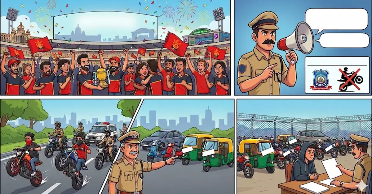 Bengaluru | ಆರ್ಸಿಬಿ ಐಪಿಎಲ್ ಕಪ್ ಗೆದ್ದ ಸಂಭ್ರಮ: ವ್ಹೀಲಿಂಗ್ ಮಾಡುತ್ತಿದ್ದ 75 ವಾಹನಗಳು ವಶಕ್ಕೆ, ಪ್ರಕರಣ ದಾಖಲು Bengaluru | ಆರ್ಸಿಬಿ ಐಪಿಎಲ್ ಕಪ್ ಗೆದ್ದ ಸಂಭ್ರಮ: ವ್ಹೀಲಿಂಗ್ ಮಾಡುತ್ತಿದ್ದ 75 ವಾಹನಗಳು ವಶಕ್ಕೆ, ಪ್ರಕರಣ ದಾಖಲು