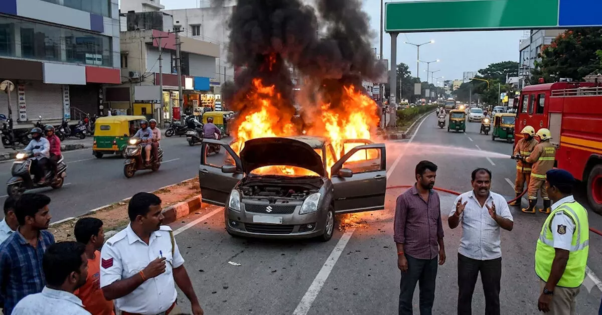Bengaluru | ಚಲಿಸುತ್ತಿದ್ದ ಕಾರಿನಲ್ಲಿ ಬೆಂಕಿ, ಮೂವರು ಪ್ರಾಣಾಪಾಯದಿಂದ ಪಾರು Bengaluru | ಚಲಿಸುತ್ತಿದ್ದ ಕಾರಿನಲ್ಲಿ ಬೆಂಕಿ, ಮೂವರು ಪ್ರಾಣಾಪಾಯದಿಂದ ಪಾರು