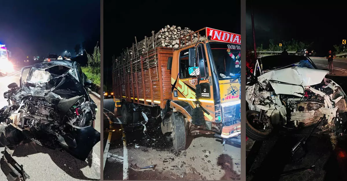 ಕಾಸರಗೋಡು: ಲಾರಿಗೆ ಎರಡು ಕಾರುಗಳು ಢಿಕ್ಕಿ ಕಾಸರಗೋಡು: ಲಾರಿಗೆ ಎರಡು ಕಾರುಗಳು ಢಿಕ್ಕಿ