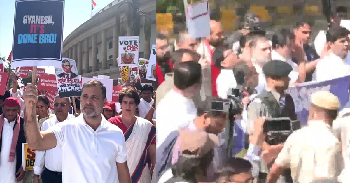 SIR | ಚುನಾವಣಾ ಆಯೋಗದ ಕಚೇರಿಗೆ ರಾಹುಲ್ ಗಾಂಧಿ ನೇತೃತ್ವದಲ್ಲಿ ಜಾಥಾ: ಪೊಲೀಸರಿಂದ ತಡೆ SIR | ಚುನಾವಣಾ ಆಯೋಗದ ಕಚೇರಿಗೆ ರಾಹುಲ್ ಗಾಂಧಿ ನೇತೃತ್ವದಲ್ಲಿ ಜಾಥಾ: ಪೊಲೀಸರಿಂದ ತಡೆ