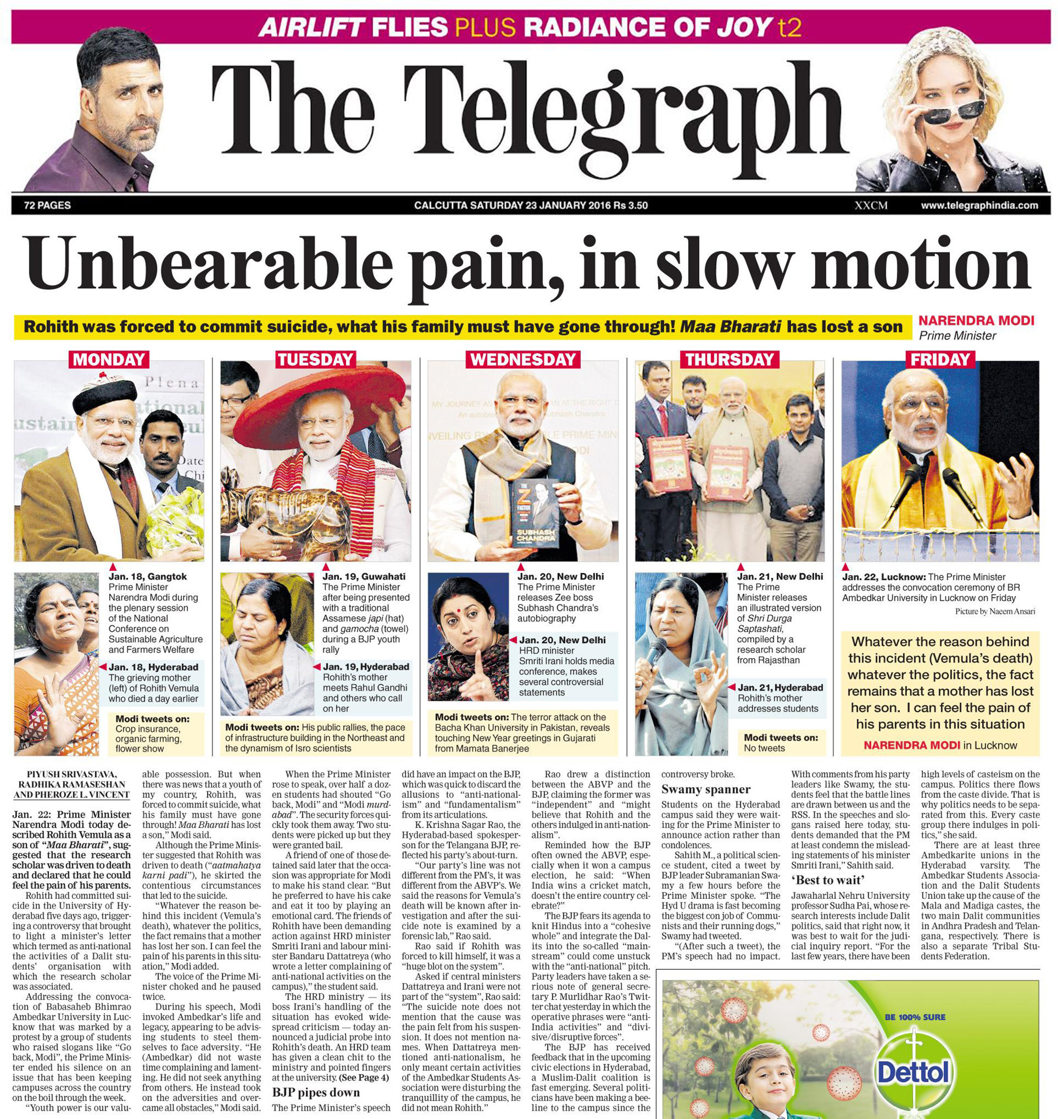 ರೋಹಿತ್ ವೇಮುಲ ಆತ್ಮಹತ್ಯೆ ಬಗ್ಗೆ ಮೋದಿ 5 ದಿನಗಳ ಬಳಿಕ ಹೇಳಿಕೆ ಕುರಿತು ದಿ ಟೆಲಿಗ್ರಾಫ್ ಪತ್ರಿಕೆಯ ವರದಿ