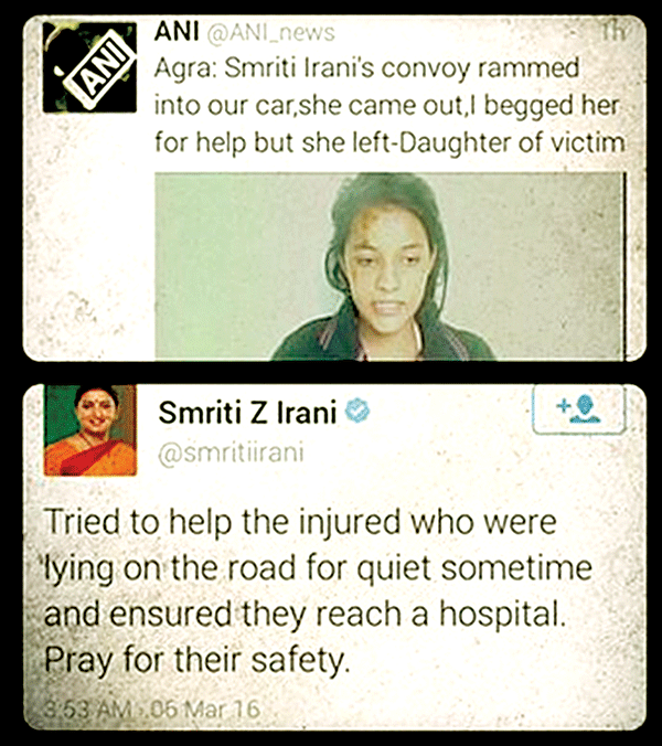 ಸಚಿವೆಯ ಬೆಂಗಾಲು ವಾಹನ ಢಿಕ್ಕಿ ಪ್ರಕರಣ: ಗೋಗರೆದರೂ ನಿಲ್ಲದ ಸ್ಮತಿ