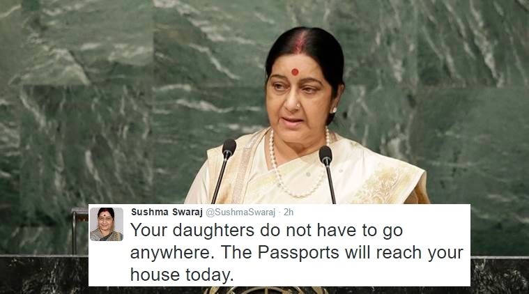 ಸುಷ್ಮಾ ಎಫೆಕ್ಟ್:ವೃದ್ಧ ದಂಪತಿಯ ಅಂಗವಿಕಲ ಹೆಣ್ಣುಮಕ್ಕಳ ಮನೆಗೇ ಬಂದ ಪಾಸ್‌ಪೋರ್ಟ್ ಅಧಿಕಾರಿಗಳು