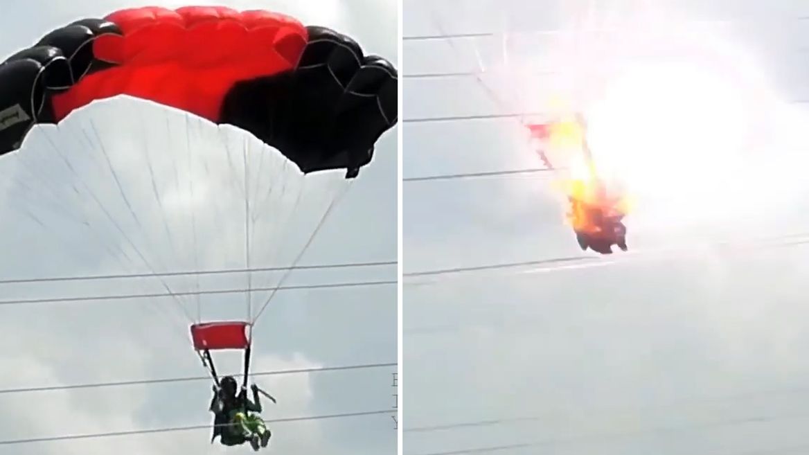 ಹೈವೋಲ್ಟೇಜ್ ಲೈನ್‌ನಲ್ಲಿ ಸಿಲುಕಿಕೊಂಡ ಪ್ಯಾರಚ್ಯೂಟ್: ಯುವತಿ ಆಶ್ಚರ್ಯಕರವಾಗಿ ಪಾರು !