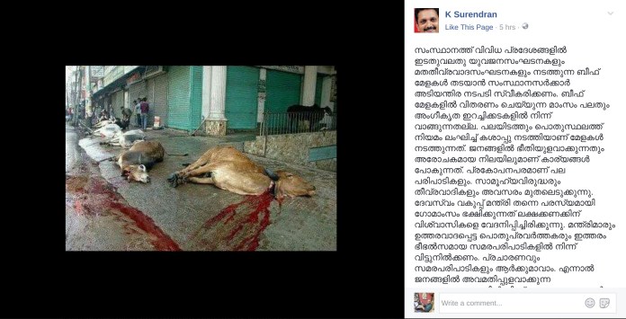 ಬೀಫ್ ಫೆಸ್ಟ್ ಬಗ್ಗೆ ಆಕ್ಷೇಪಿಸಲು ಗೋಹತ್ಯೆಯ ನಕಲಿ ಫೋಟೋ ಬಳಸಿದ ಕೇರಳ ಬಿಜೆಪಿ ನಾಯಕ !